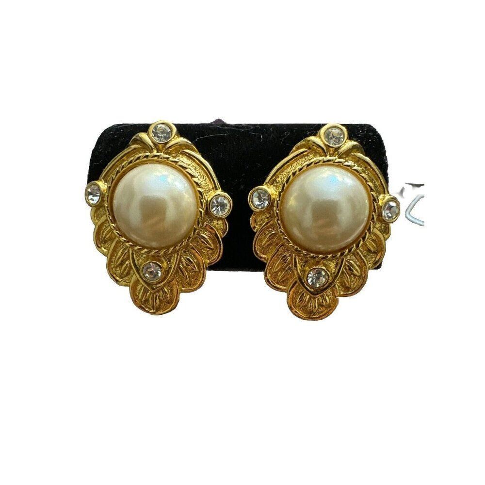 Vintage KJL For Avon Goldtone & Faux Pearl & Rhinestone Clip On Earrings
